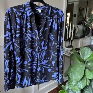 Dana Buchman Blue and Black Floral Long Sleeve Button Down Blouse Size M